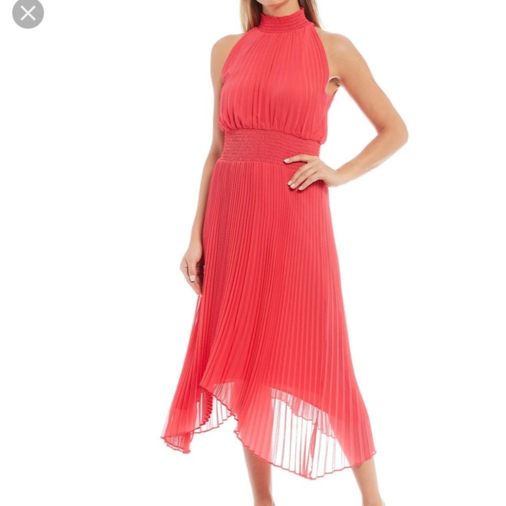 1.State Sleeveless Pleated Sharkbite Dress